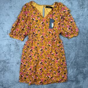 Vero Moda NEW Floral Smocked Waist Midi Dress Mustard Pink Long Sleeve S Puff Sl